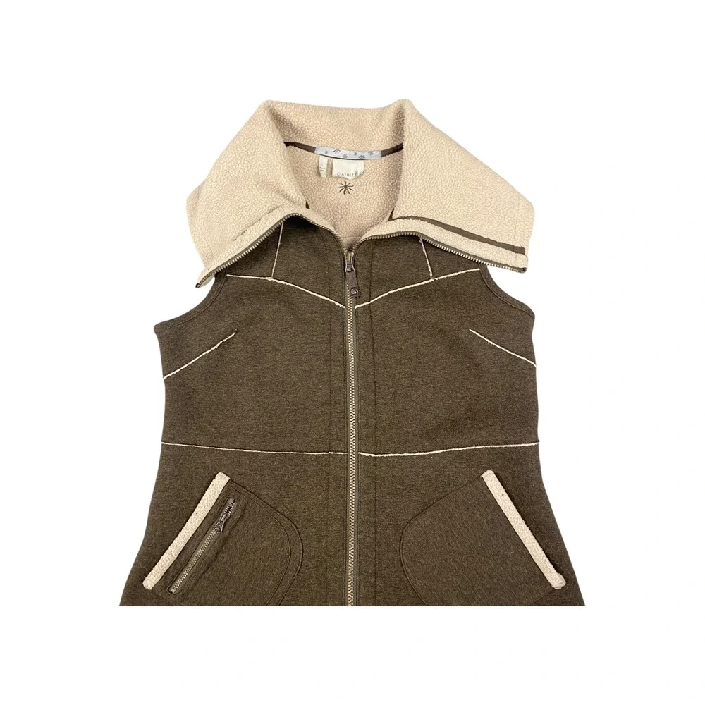 Athleta Sherpa Collar‎ Zip Vest Brown Beige Size L Outdoor Activewear Pockets